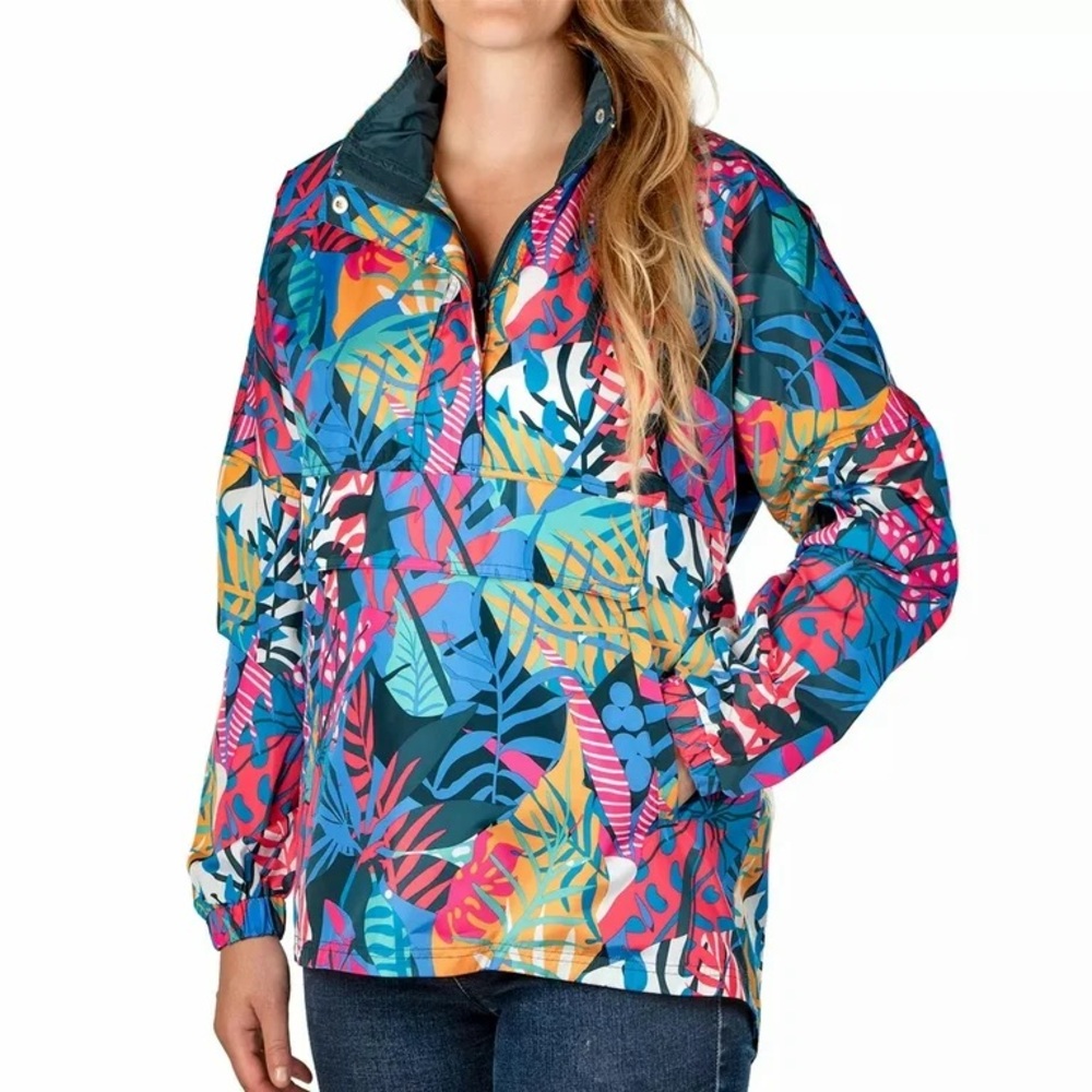 Lauren James Colorful Tropical Floral Anorak Windbreaker Rain Jacket Size XL